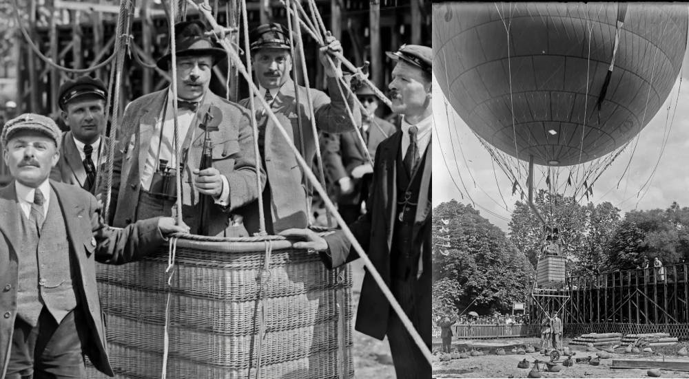 Dehorter au milieu dans la nacelle - Le ballon s'élève - Photo musée olympique