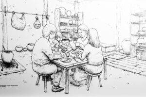 Représentation d'une famille gauloise à Table Illustration G. Pissondes