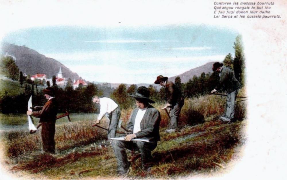 L’art de faucher et d’aiguiser sa faux. CPA - Coll. A.-S. Simonet