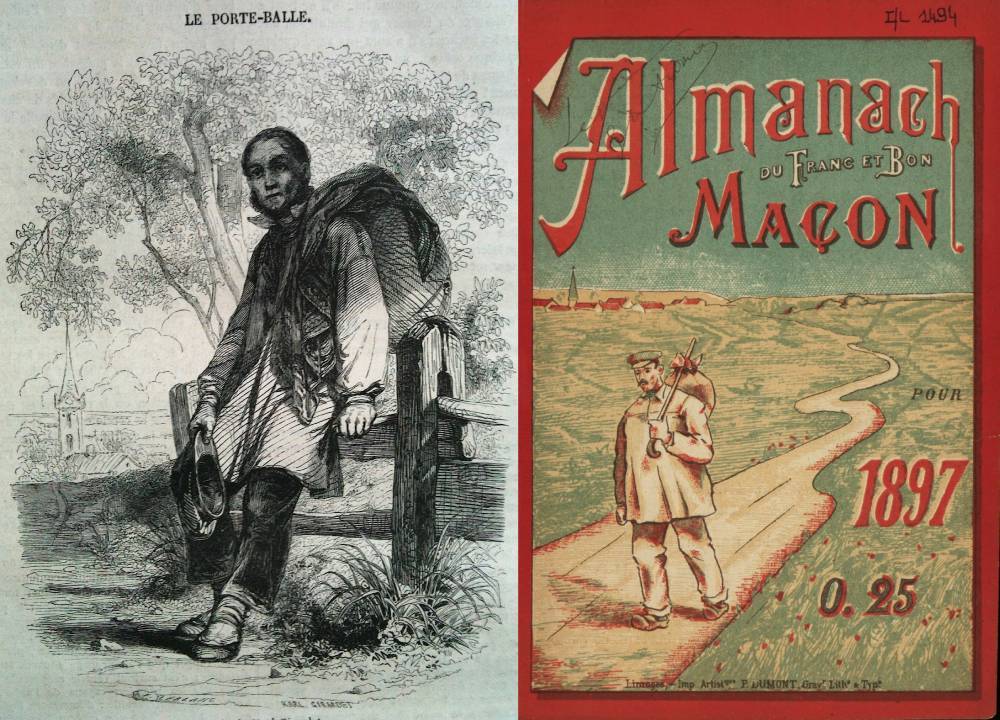 Le colporteur, ou « porte-balle », gravé par Karl Girardet.
In Le Magasin pittoresque, n° 13, 1851 - Coll. privée / Un almanach fédérateur « du franc et bon maçon ».
© AD 23